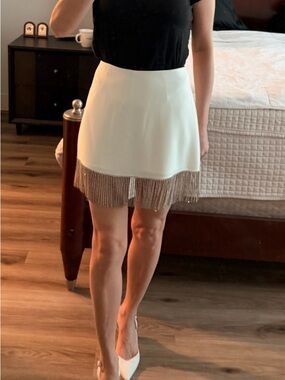 Gianni Bini White Mini Skirt with Silver Fringe Trim